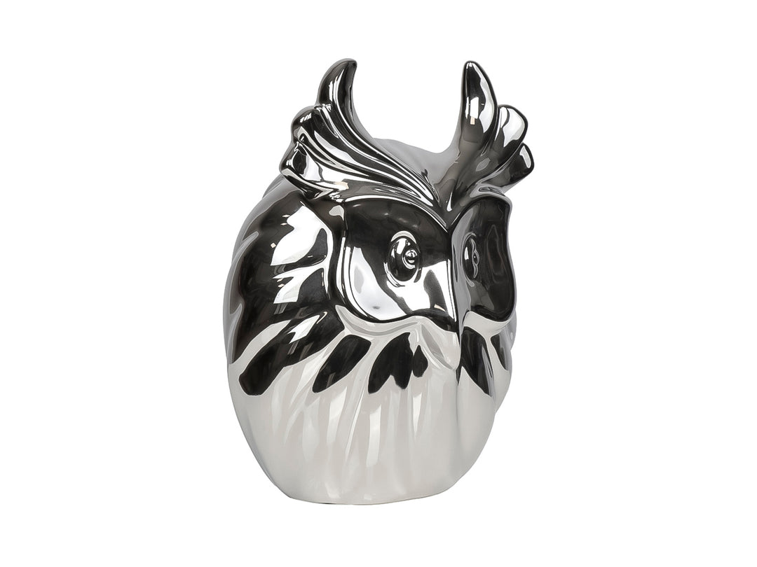 Figura decorativa de búho en cerámica con acabado plateado brillante y efecto metálico.