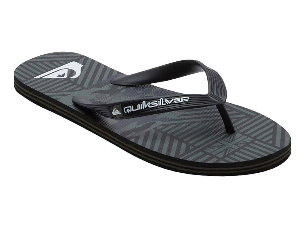 Sandalias Quiksilver color negro con detalles en gris, diseño plano y correa sencilla.