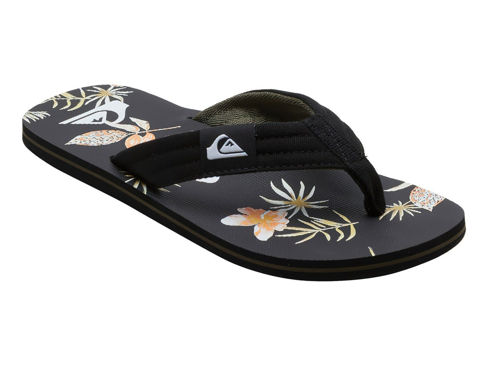 Sandalias Quiksilver negras con estampado tropical en la plantilla y correa negra.