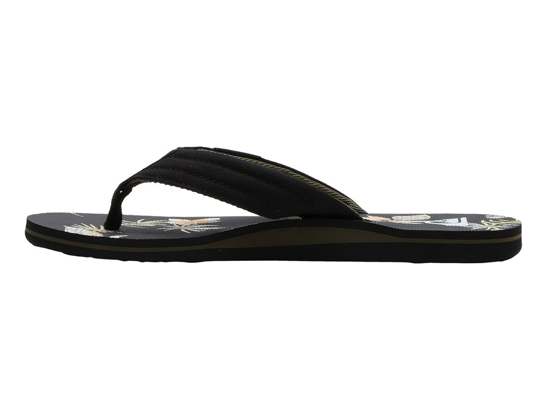 Sandalias Quiksilver negras con estampado tropical en la plantilla y correa negra.