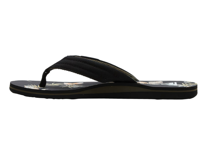 Sandalias Quiksilver negras con estampado tropical en la plantilla y correa negra.