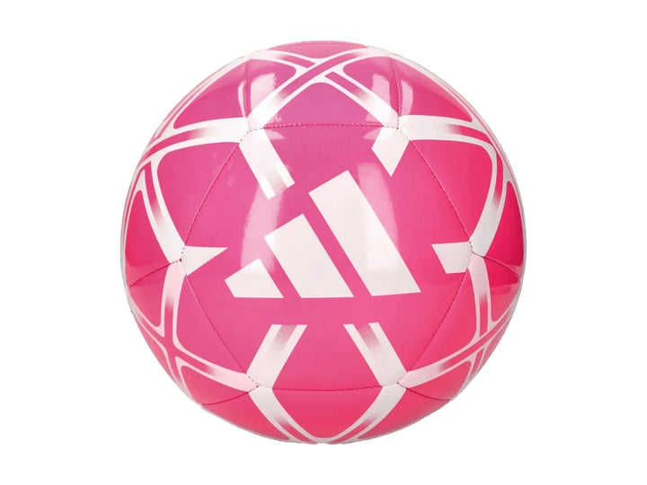Balón Adidas color rosa con patrones geométricos en blanco y logotipo central de la marca.