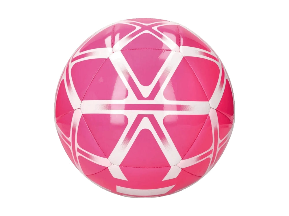 Balón Adidas color rosa con patrones geométricos en blanco y logotipo central de la marca.
