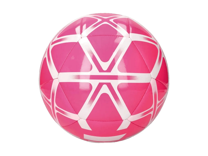 Balón Adidas color rosa con patrones geométricos en blanco y logotipo central de la marca.