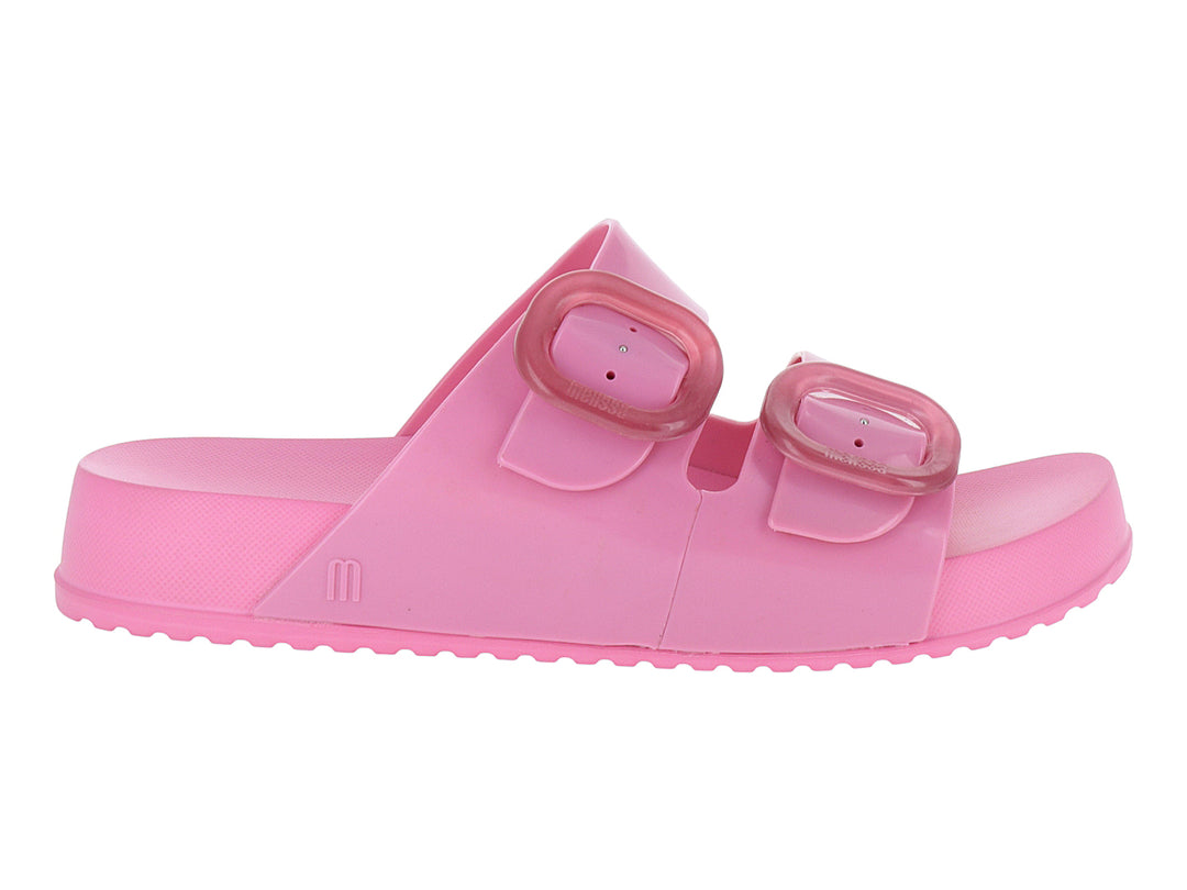 Sandalia Melissa Cozy Slide en color rosa con dos correas ajustables mediante hebillas y suela texturizada.