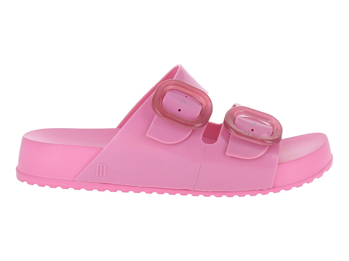 Sandalia Melissa Cozy Slide en color rosa con dos correas ajustables mediante hebillas y suela texturizada.