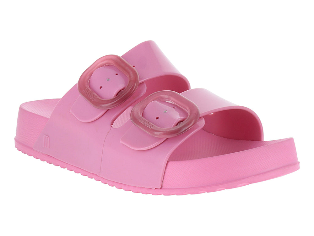 Sandalia Melissa Cozy Slide en color rosa con dos correas ajustables mediante hebillas y suela texturizada.