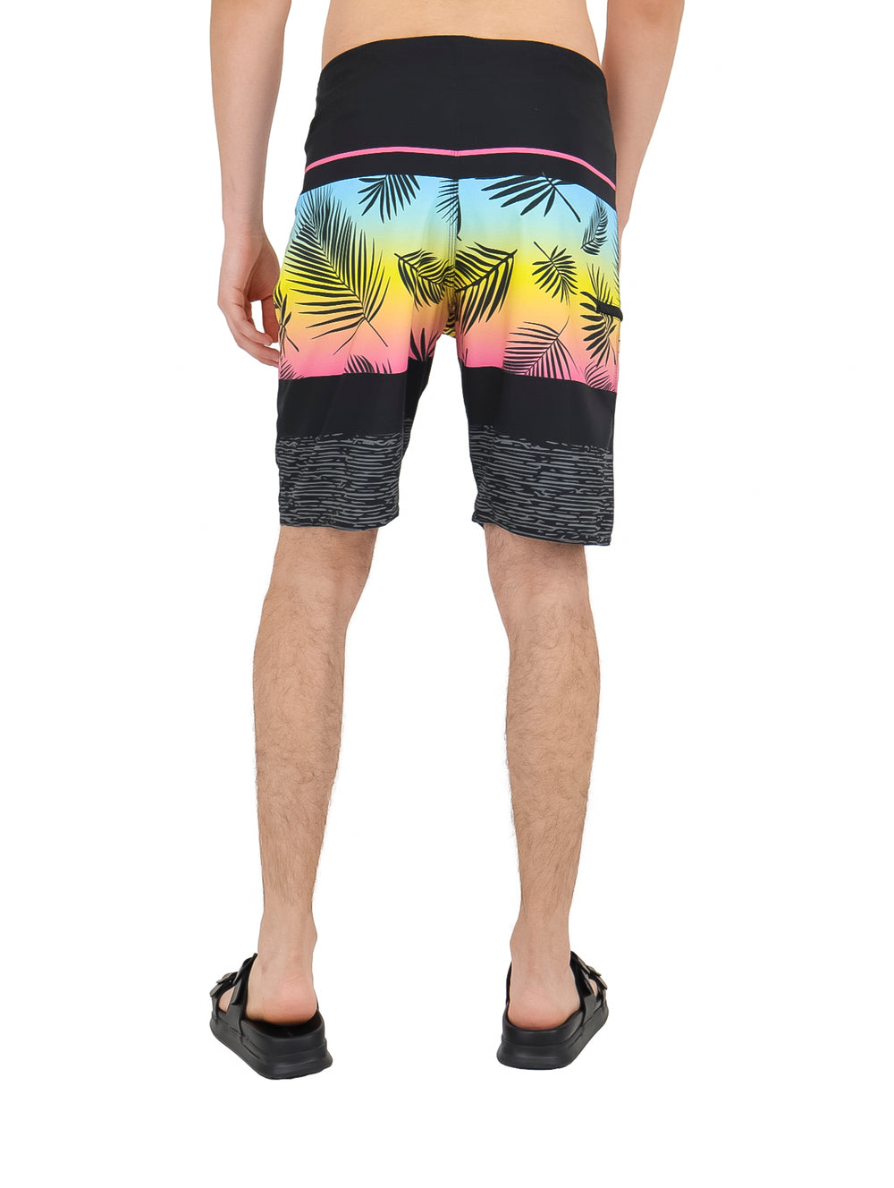 Pantalones cortos de surf O'Neill en color negro con estampado tropical multicolor de palmeras.