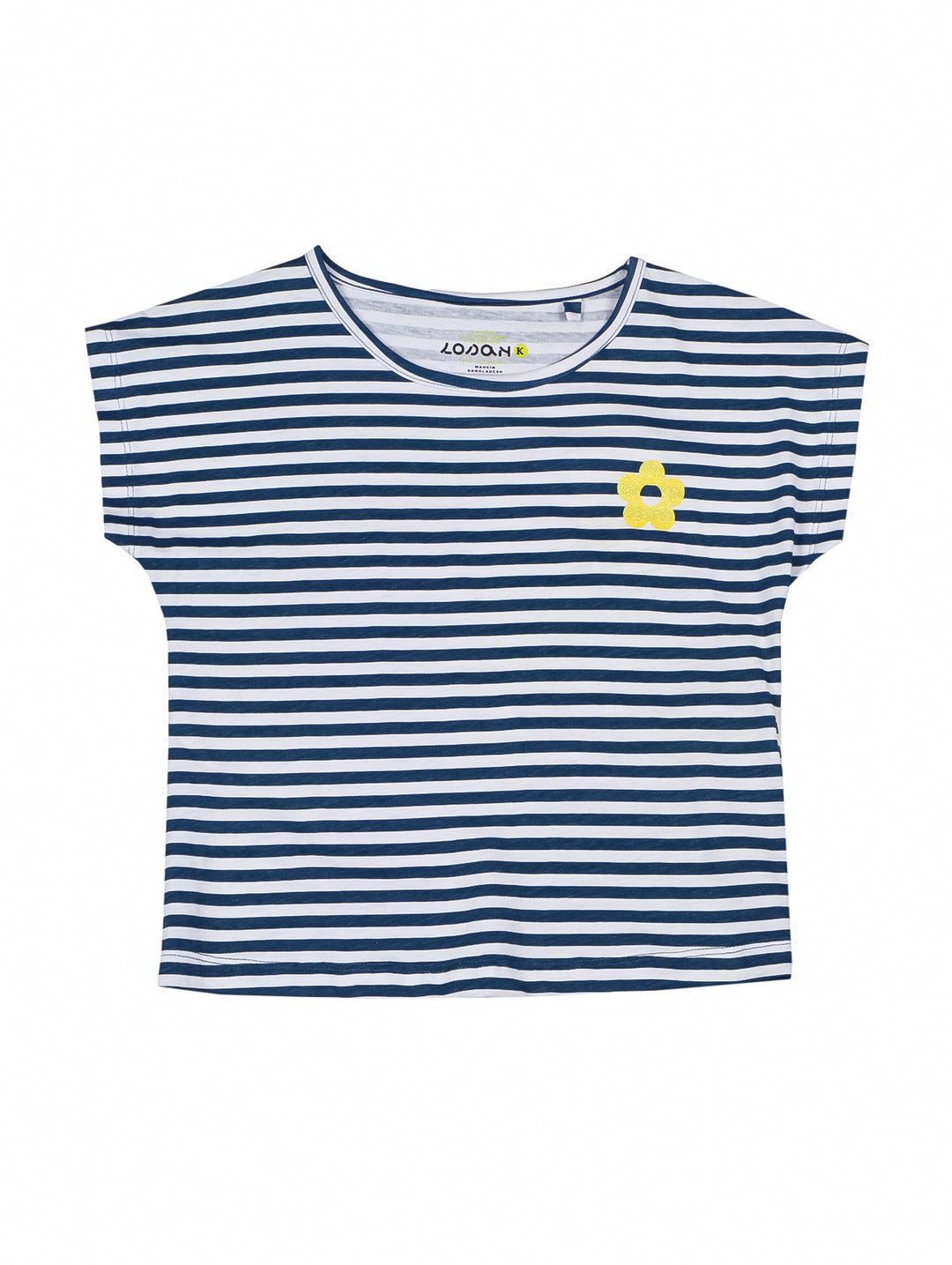 Playera para niña con rayas horizontales azules y blancas y un detalle de flor amarilla.
