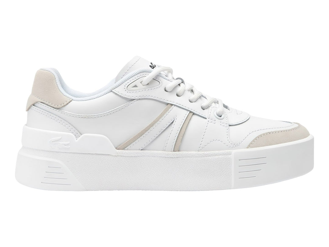 Tenis Lacoste en color blanco y blanco roto con suela de plataforma gruesa.