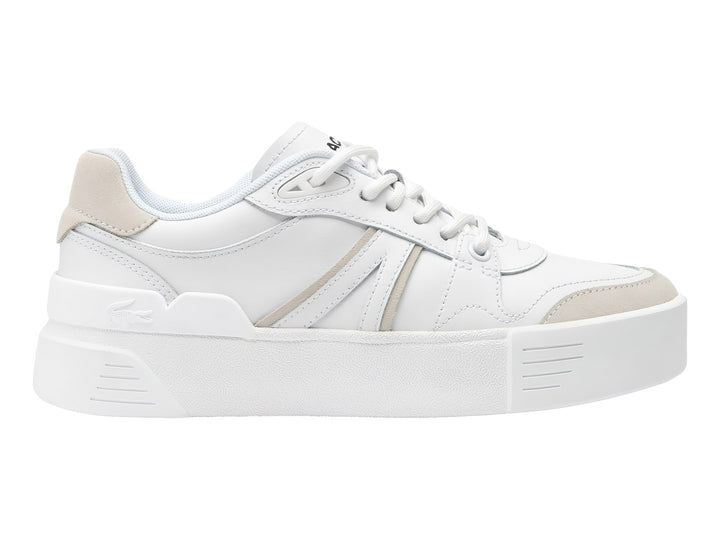 Tenis Lacoste en color blanco y blanco roto con suela de plataforma gruesa.