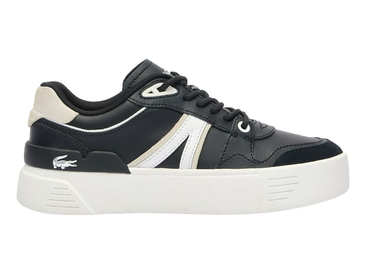 Tenis Lacoste color negro con detalles en blanco roto y suela de plataforma blanca.