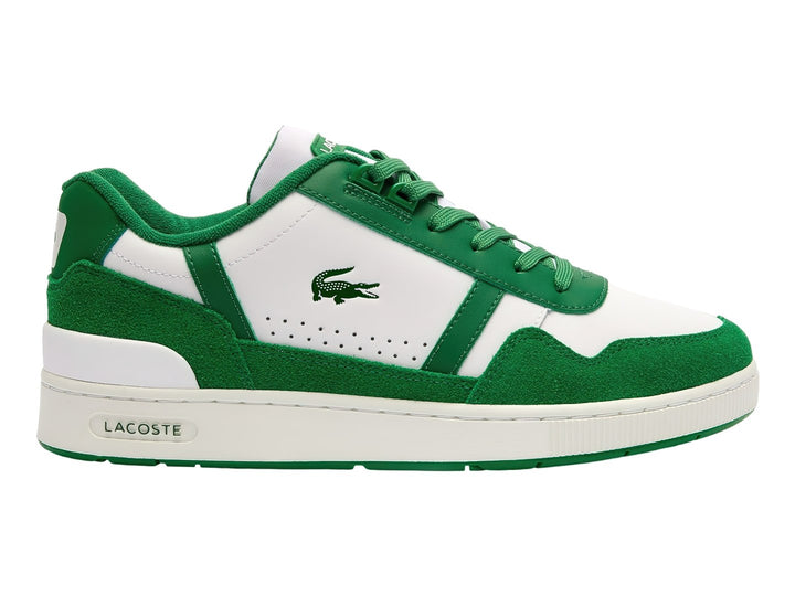Tenis Lacoste T-Clip en colores blanco y verde con suela blanca y logotipo del cocodrilo lateral.