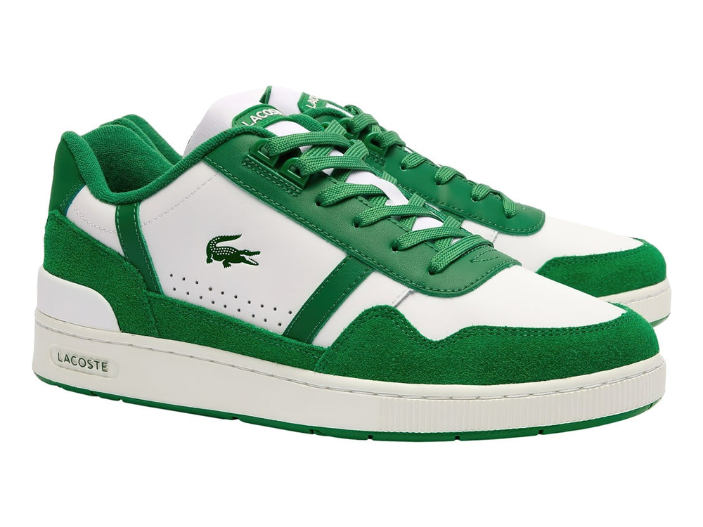 Tenis Lacoste T-Clip en colores blanco y verde con suela blanca y logotipo del cocodrilo lateral.