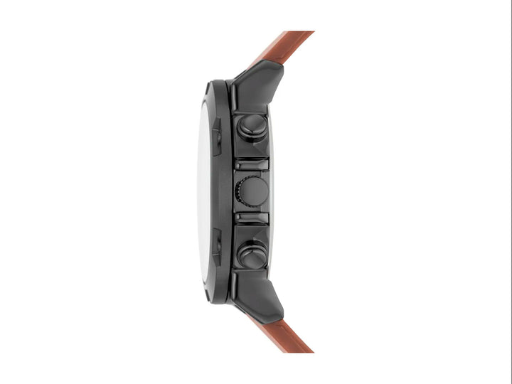 Set de 5 piezas para hombre que incluye un reloj con correa café y cuatro pulseras coordinadas en tonos negro y café.