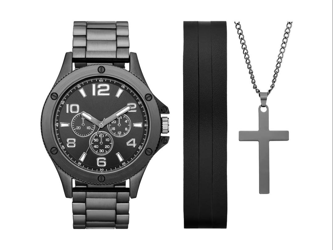 Set de 3 piezas para hombre en color negro mate que incluye un reloj cronógrafo, una pulsera y un collar con dije de cruz.