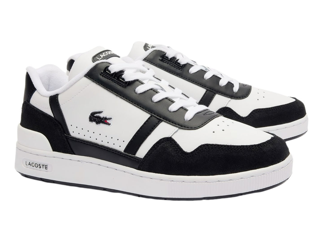 Tenis Lacoste T-Clip color blanco con detalles en negro y suela blanca.