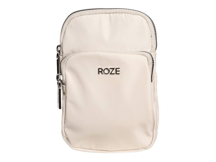 Bolso pequeño de color beige marca ROZE con cierre frontal y diseño compacto.