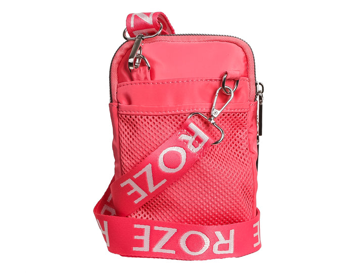 Bolso pequeño de color rosa con cierre frontal y logotipo de ROZE en letras plateadas.