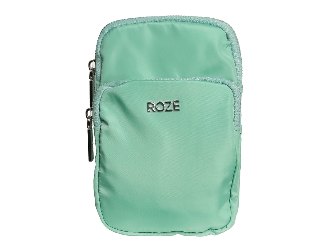 Bolso pequeño de color verde menta marca ROZE con cierre y bolsillo frontal.