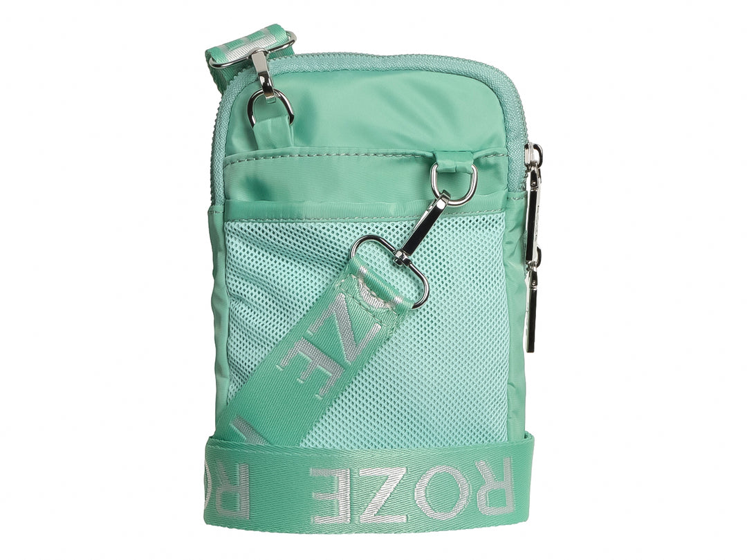 Bolso pequeño de color verde menta marca ROZE con cierre y bolsillo frontal.