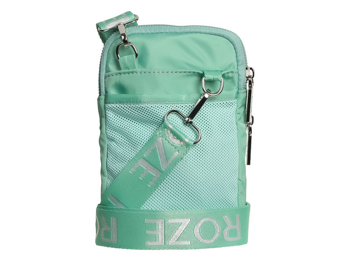 Bolso pequeño de color verde menta marca ROZE con cierre y bolsillo frontal.