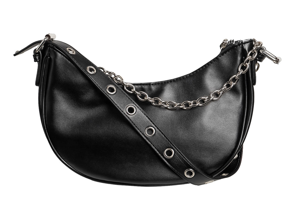Bolso de hombro color negro marca ROZE con forma de media luna y detalles metálicos plateados.