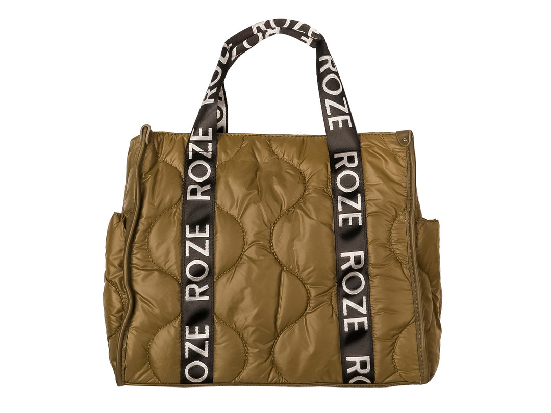 Bolso de hombro color verde oliva con acabado acolchado y asas negras con letras blancas de la marca ROZE.