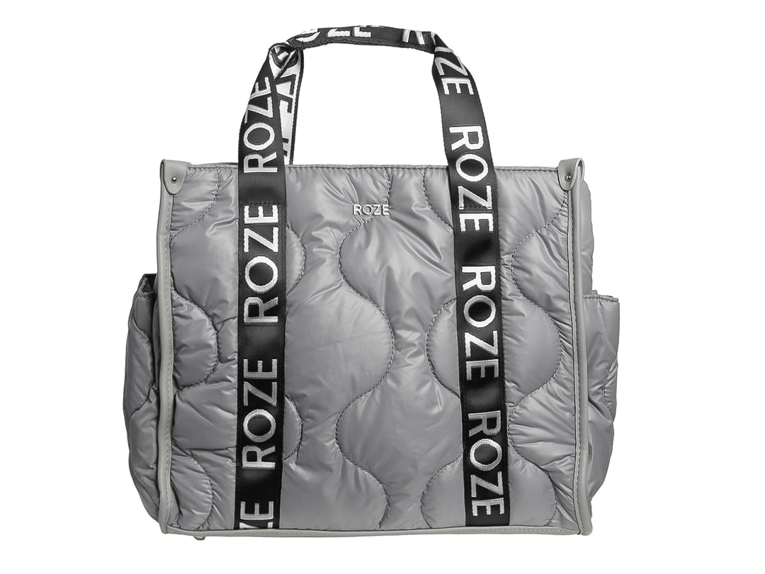 Bolso de hombro ROZE color gris con acabado acolchado y asas negras con logotipo blanco.