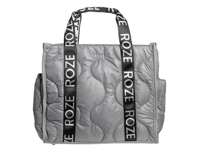 Bolso de hombro ROZE color gris con acabado acolchado y asas negras con logotipo blanco.