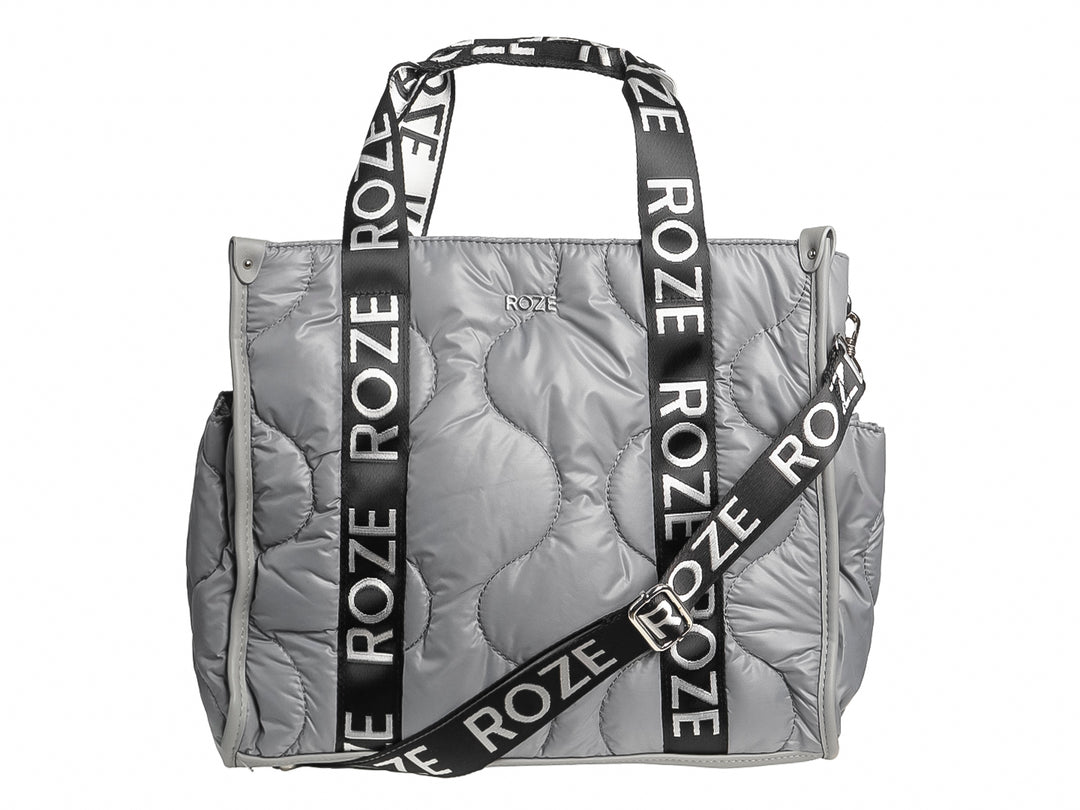 Bolso de hombro ROZE color gris con acabado acolchado y asas negras con logotipo blanco.