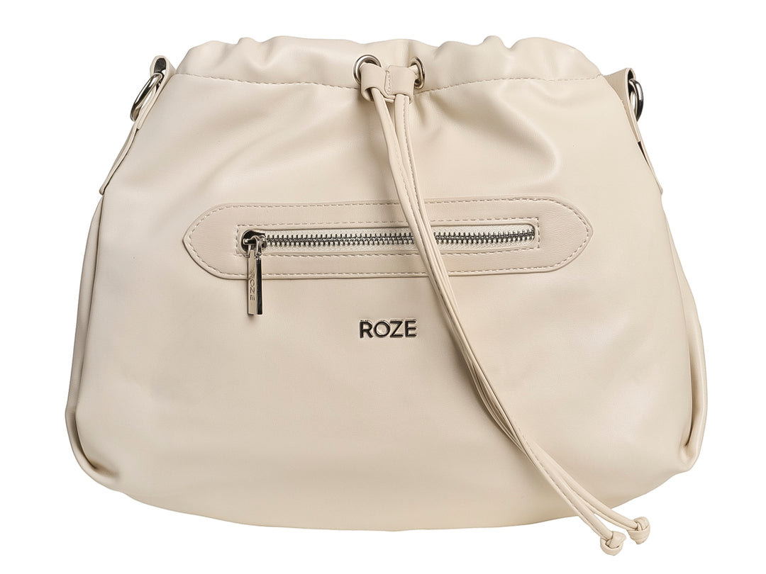 Bolso de hombro marca ROZE en color beige con cierre frontal y ajuste de cordones.