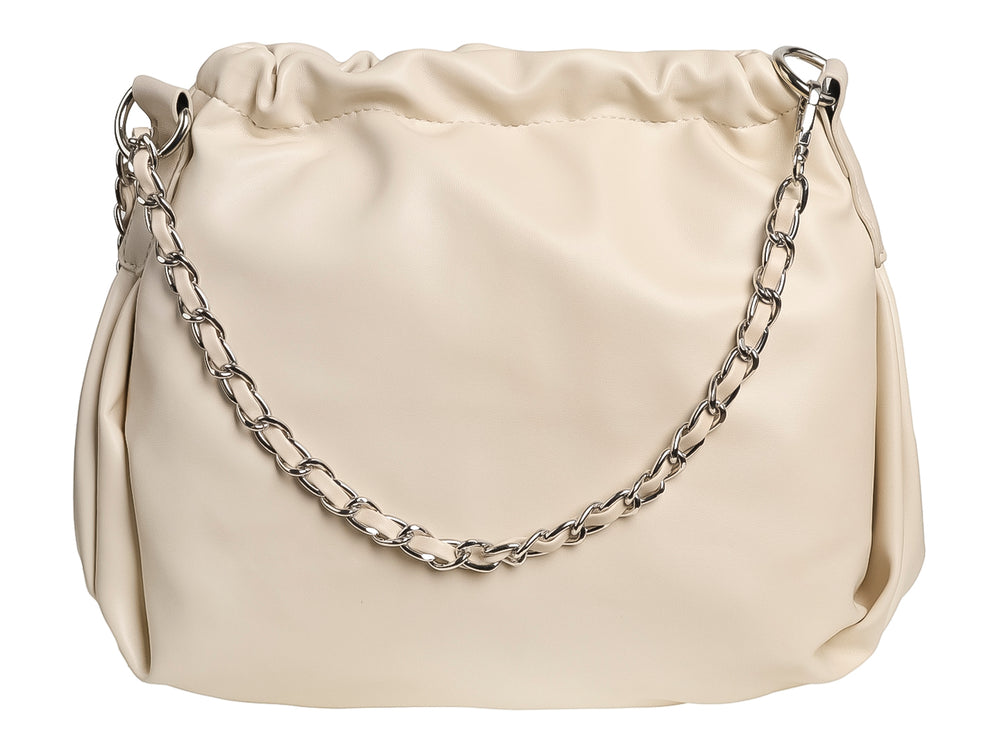 Bolso de hombro marca ROZE en color beige con cierre frontal y ajuste de cordones.