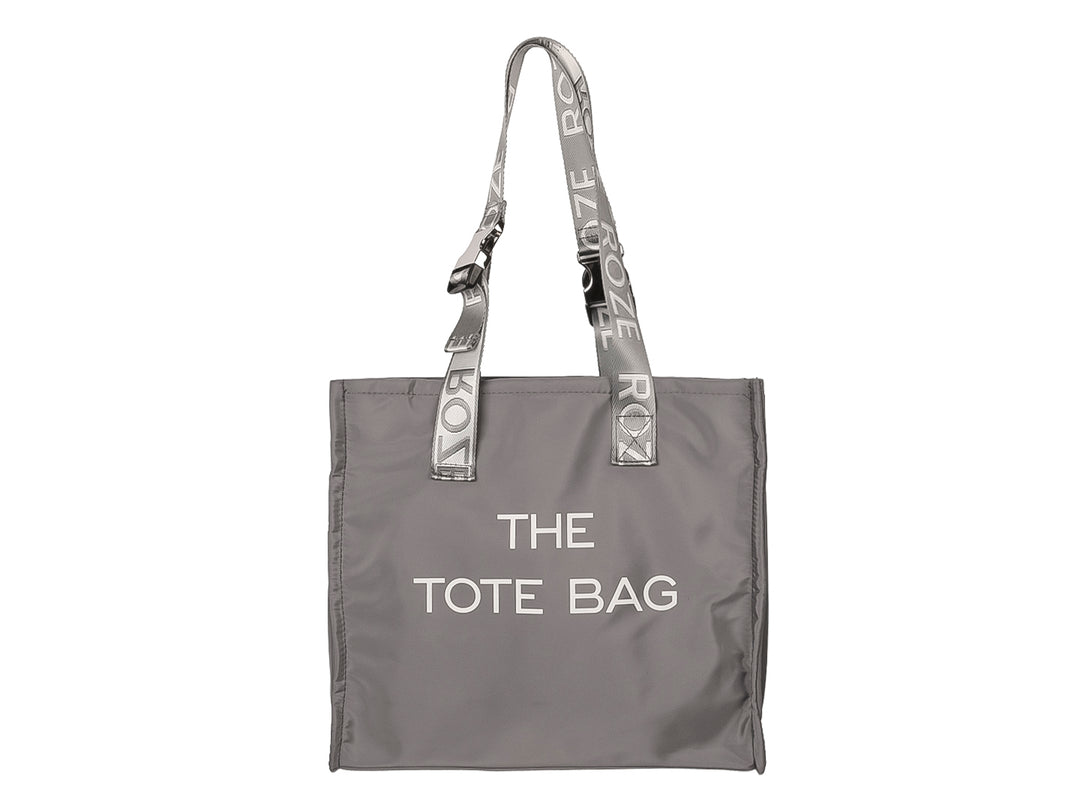 Bolsa tote gris con texto blanco &