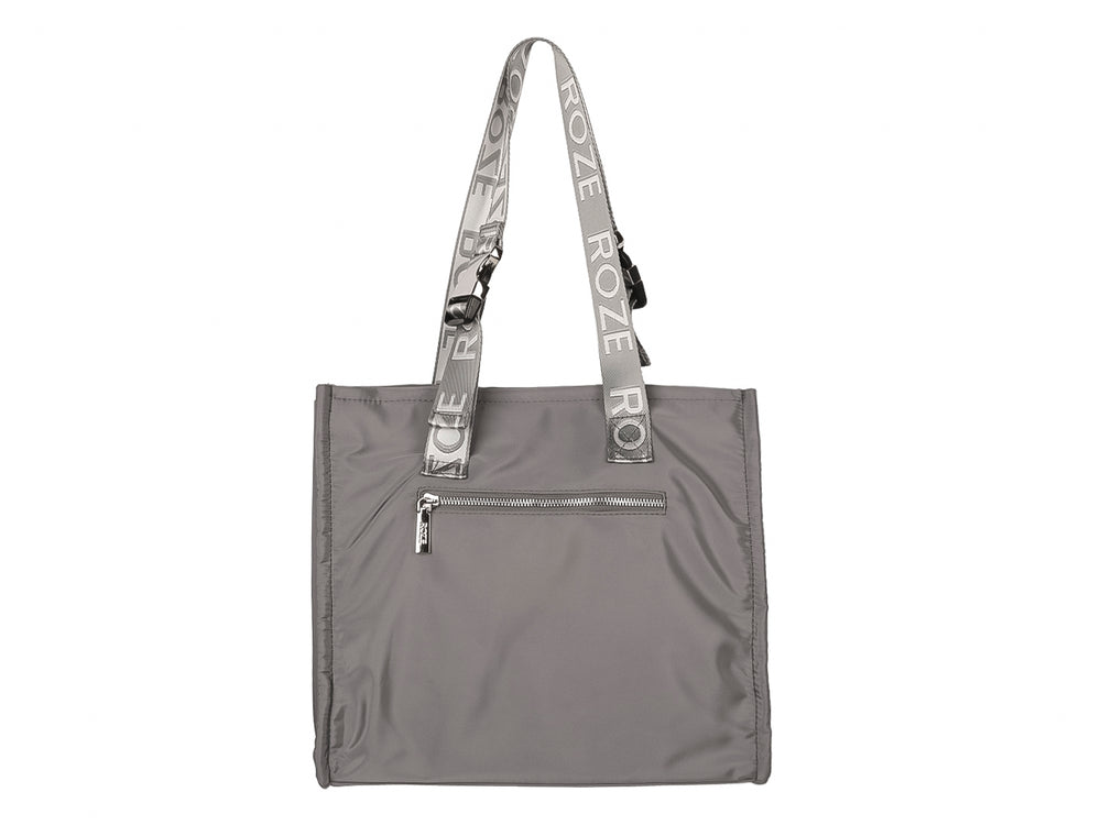 Bolsa tote gris con texto blanco 'THE TOTE BAG' y asas con logo ROZE.