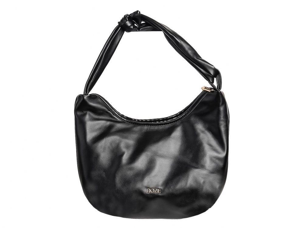 Bolso hobo negro con textura plisada y asa con detalle de nudo.