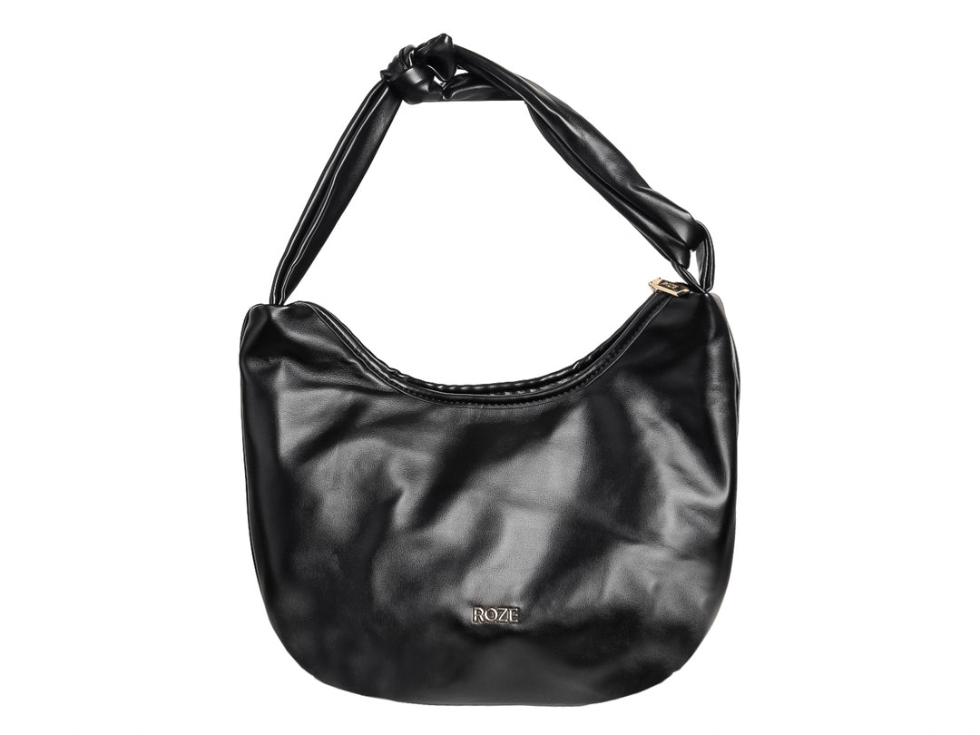 Bolso hobo negro con textura plisada y asa con detalle de nudo.