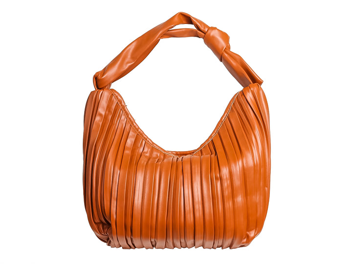 Bolso de hombro color marrón con diseño plisado y asa superior anudada.