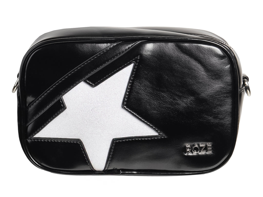 Bolso de hombro negro marca ROZE con un diseño de estrella blanca prominente en el frente y acabado brillante.