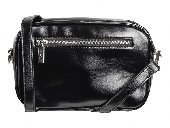 Bolso de hombro negro marca ROZE con un diseño de estrella blanca prominente en el frente y acabado brillante.