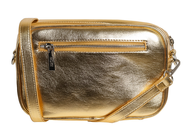 Bolso pequeño color dorado metálico con un diseño de estrella brillante en el frente y marca ROZE.