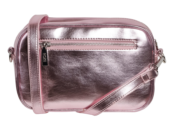 Bolso rosa metálico con un diseño de estrella brillante en el frente y logotipo de ROZE.