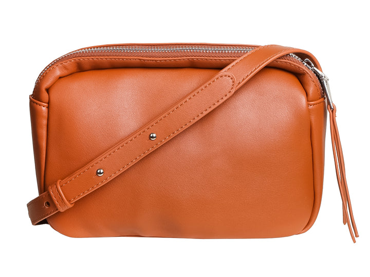 Bolso de mano color marrón con cierre y borla decorativa.