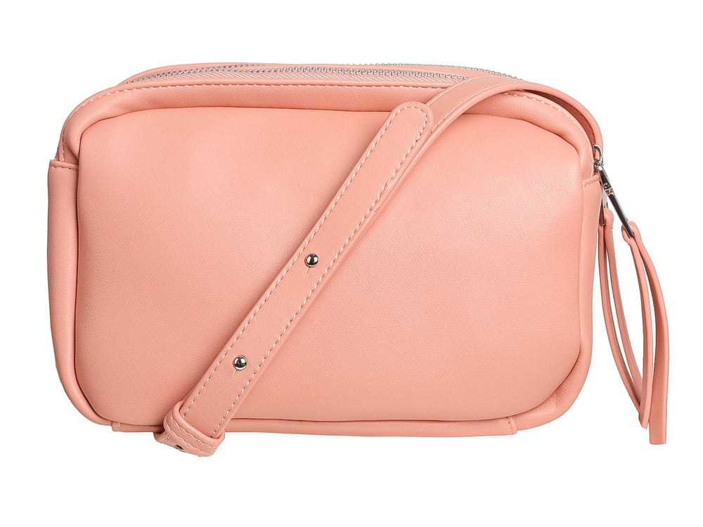 Bolso pequeño de color rosa con cierre de cremallera y logotipo ROZE en relieve.