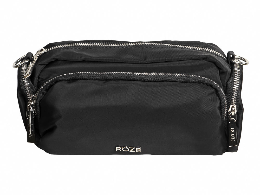 Bolso pequeño de color negro marca ROZE con múltiples compartimentos y cierres plateados.