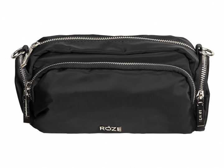 Bolso pequeño de color negro marca ROZE con múltiples compartimentos y cierres plateados.