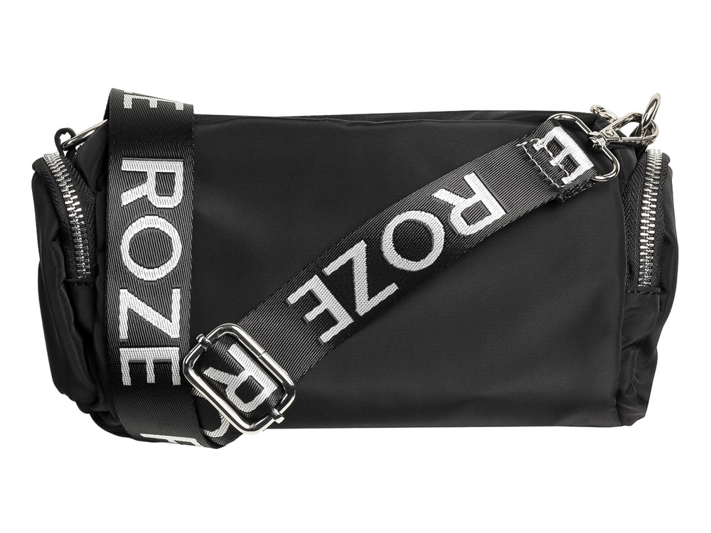 Bolso pequeño de color negro marca ROZE con múltiples compartimentos y cierres plateados.