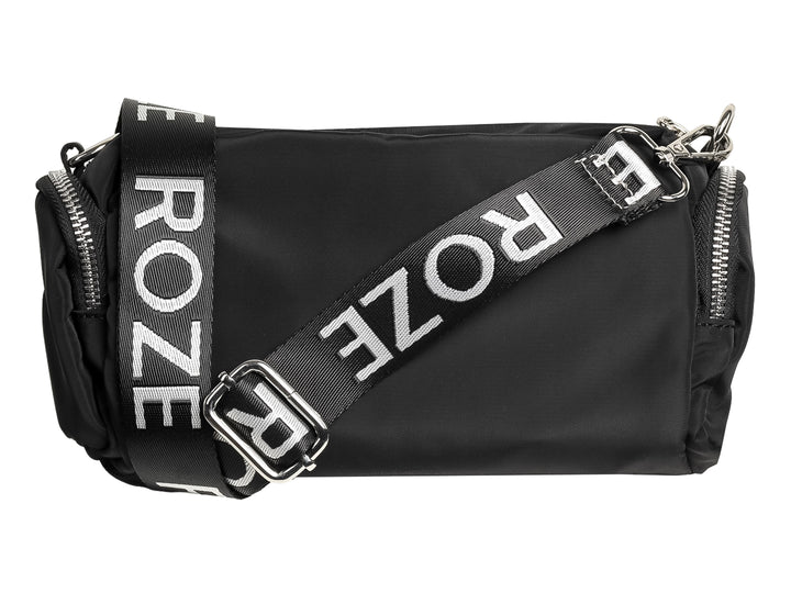 Bolso pequeño de color negro marca ROZE con múltiples compartimentos y cierres plateados.
