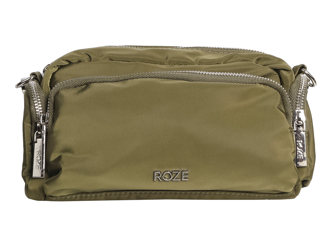 Bolso pequeño de color verde oliva marca ROZE con cierres metálicos plateados.