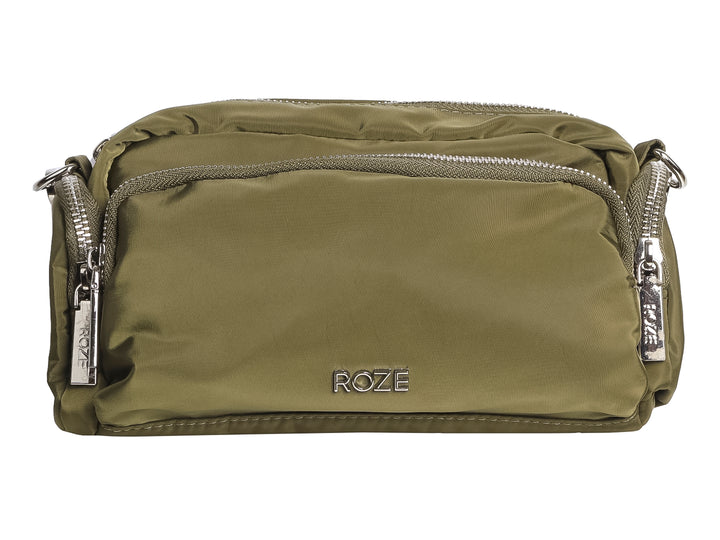Bolso pequeño de color verde oliva marca ROZE con cierres metálicos plateados.